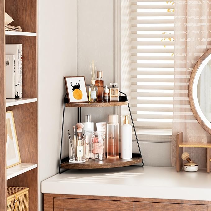 Puricon 2 Tier Corner Countertop Storage Shelf Organizer, Triangle Bathroom Sink Organizer - Wood, Brown