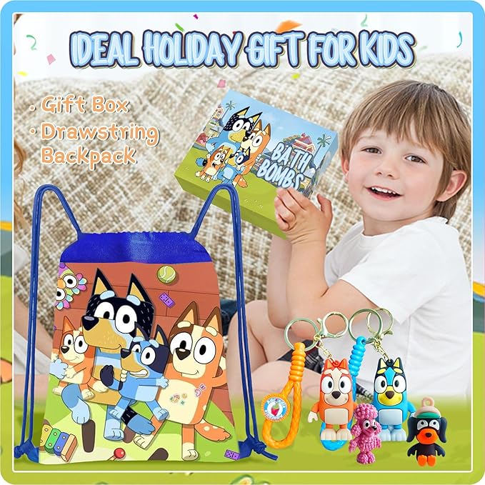 The Blue Heelers Gifts Set: Bath Bombs with Toys Inside, Shower Steamers, Mask Craft, Keychain, Drawstring Backpack, Towel, Blanket, Sticker, Poster, Gift Card, Birthday Gifts for Kids Boys Girls