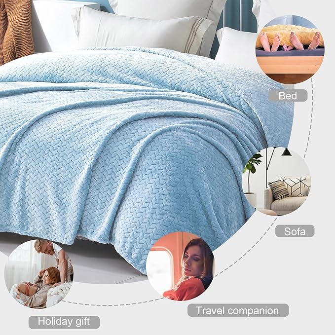 Exclusivo Mezcla Light Blue Fleece Twin Size Blanket for Bed, 90x66 Inches Soft Cozy Jacquard Flannel Blankets, Lightweight Fuzzy Plush Warm for All Seasons