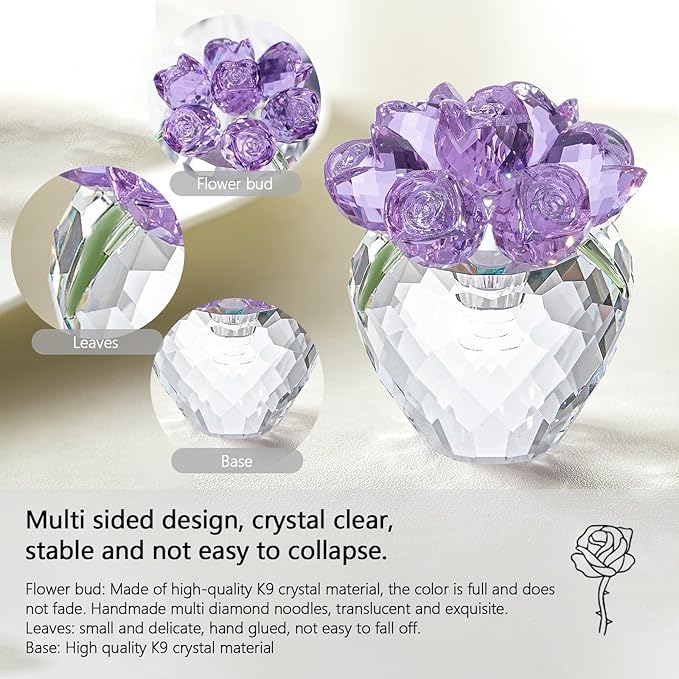 Crystal Flower Figurines - Glass Rose Home Decor - Flower Bouquet for Ladies Gifts(Purple)