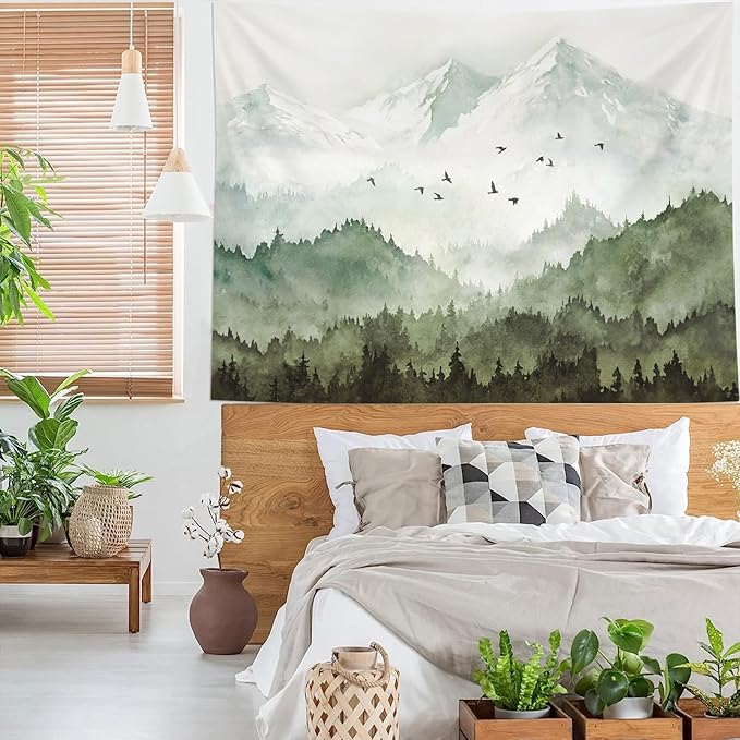 kampdream Mountain Forest Tapestry, Misty Foggy Sage Green Tree Landscape Watercolor Art Wall Tapestries, Nature Scenery Tapestry for Bedroom Living Room Backdrop 60×80 inch