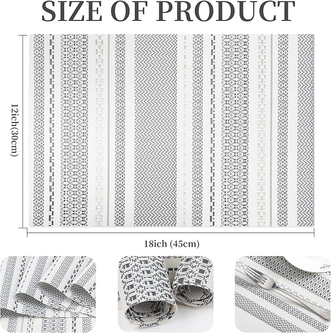 Vinyl Plastic Placemats Set of 6 Washable Heat Resistant Non-Slip Elegant Indoor Outdoor Kitchen Dining PVC Woven Table Place Mats (Dark Grey Striped Silver Wire)