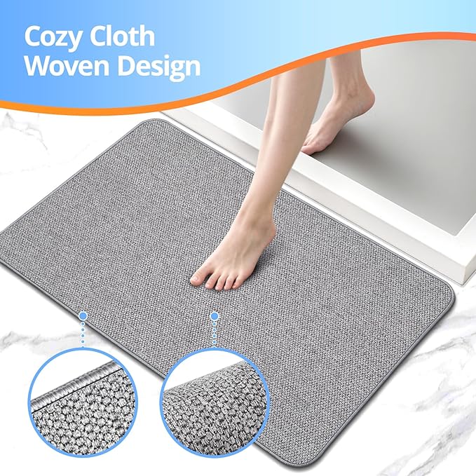Upgraded Thin Bathroom Rugs, Bath Mat Super Absorbent, Bath Rugs Rubber Backing Non-Slip, Quick Dry Machine Washable, Cozy Cloth Bathroom Mat fit Under Door/Sink/ Bathtub/Floor/Shower 24''x36''-Gray