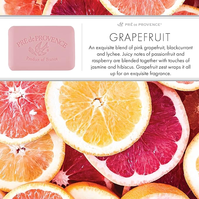 Pre de Provence Artisanal Soap Bar, Natural French Skincare, Enriched with Organic Shea Butter, Quad Milled for Rich, Smooth & Moisturizing Lather, Grapefruit, 5.3 Ounce