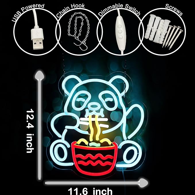 Panda Eating Noodles Neon Sign Panda Ramen Sign for Room Wall Decor Dimmable LED Neon Light for Bar Restaurant Music Concert Man Cave Game Room Wall Art 11.6"×12.4"