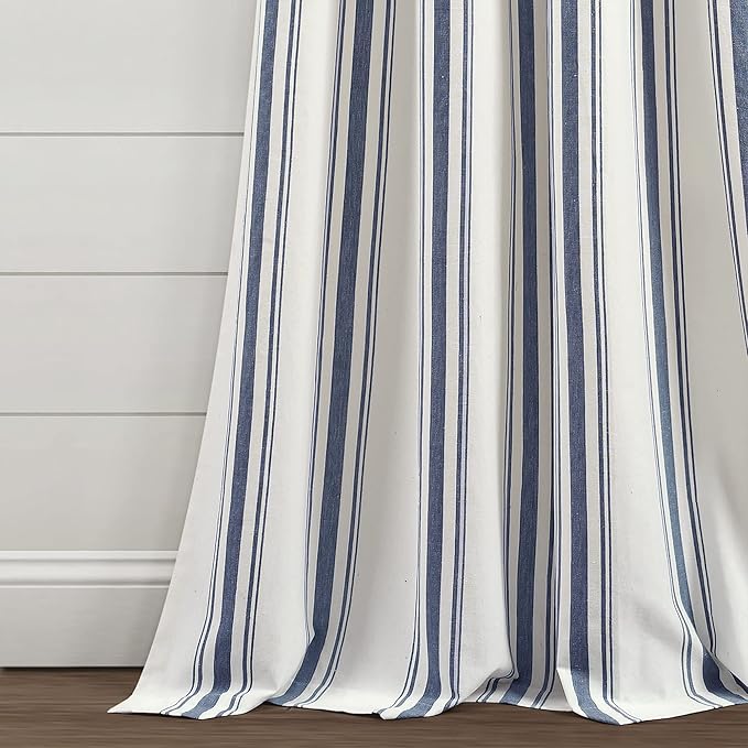 Lush Decor Farmhouse Stripe Yarn Dyed Cotton Window Curtain Panel Pair, 42" W x 84" L, Navy - Classic Modern Rustic Charm - Eco Friendly Cotton Fabric(2 count pack of 1)