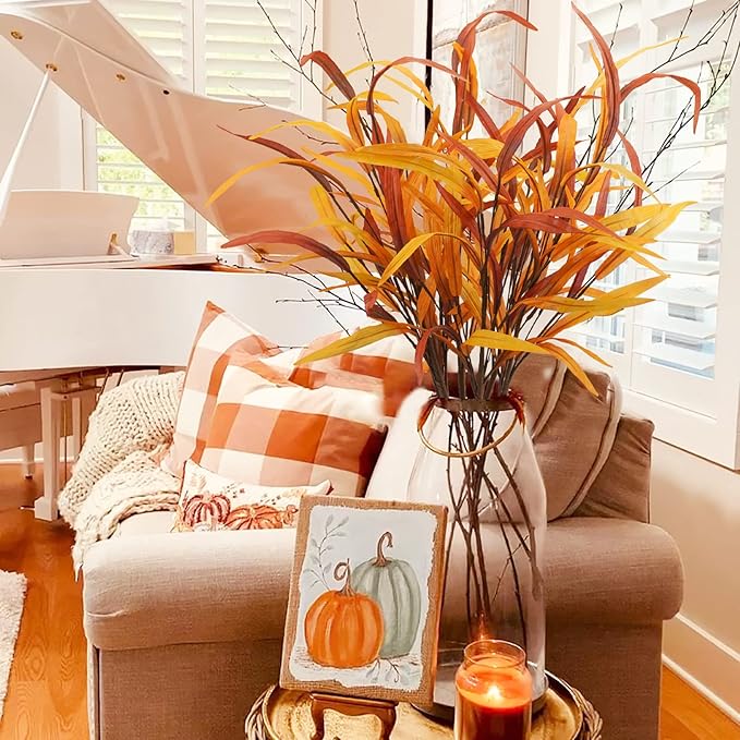 6Pcs Artificial Fall Leaves Grass Stems, 27.5" Fall Leaf Spray Plants Autumn Greenery Stems for Home Floral Arrangement Kitchen Office Harvest Thanksgiving Fall Decorations