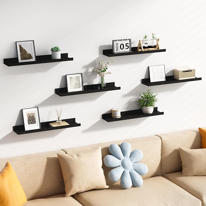 upsimples Floating Shelves for Wall, Wall Shelves for Decor Storage Set of 6, Wall Mounted Wood Shelves for Bedroom, Living Room, Bathroom, Kitchen, 23.6 inch Long Picture Ledge Shelves, Black