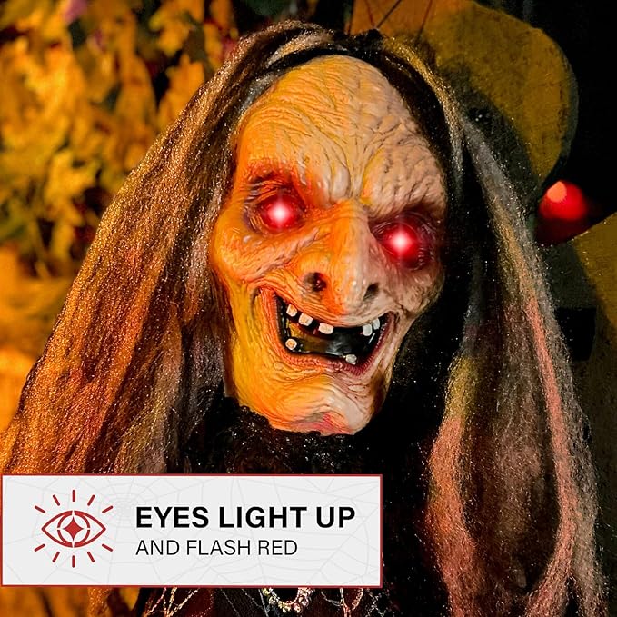 Haunted Hill Farm Animatronic Scary Witch Door Greeter with Touch Activated Lights and Sound, Battery-Operated Indoor or Covered Outdoor Halloween Decoration
