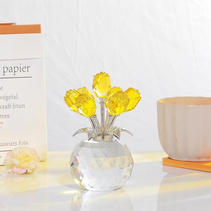 Yellow Rose Flower Crystal Figurine with Vase, Bouquet Flowers Ornament Gifts for Wife Girlfriend Women , Handmade Crystal Flower Collectible Home Table Decor for Valentine's Day Wedding Anniversary