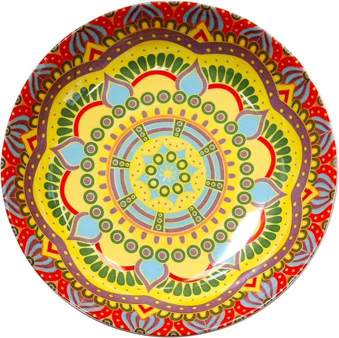 Elama Mandala Round Stoneware Multicolor Dinnerware Set, 16 Piece, Red