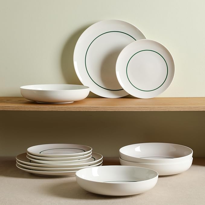 Stone Lain Luna 12-Piece Porcelain Dinnerware Set, Plates and Bowls Set, Dish Set for 4, Green