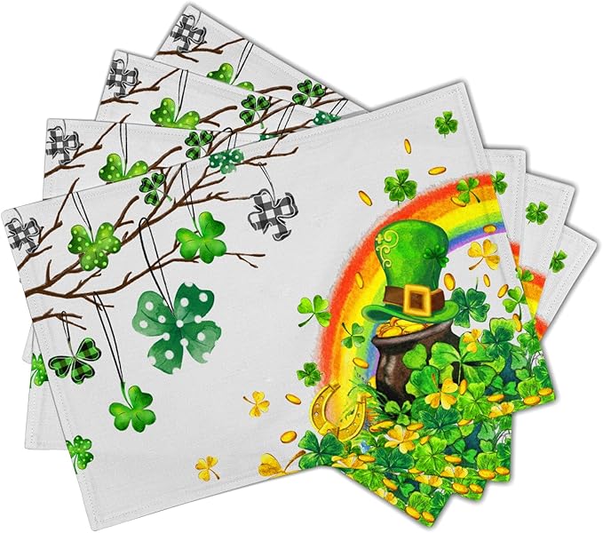 Giwawa St Patricks Day Placemats Set of 4-12"x18" Lucky Clover Tree Elf Hat Place Mat- Spring Shamrock Rainbow Colorful Linen Washable Table Mats for Kitchen Dining Holiday Party Tabletop Decor