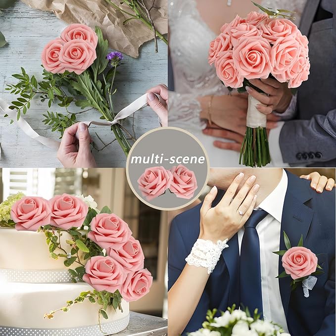 200PCS Artificial Flowers Pink Roses Real Looking Foam Fake Roses with Leaves for DIY Wedding Bouquets Bridal Shower Party Decorations (Pink, 200)