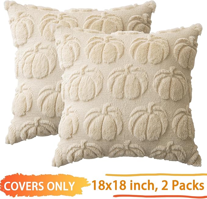 Beige Pumpkin Fall Decorative Throw Pillow Covers 18"x18", Set of 2 Soft Faux Fur Pillow Covers for Autumn Harvest, Fluffy Plush Accent Pillow Cases for Farmhouse Couch Cushion Covers