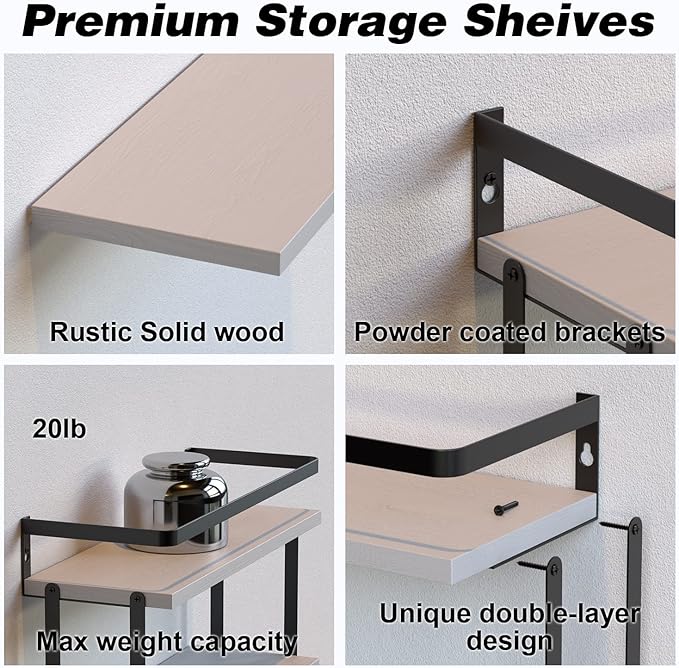 RICHER HOUSE 2+1 Tier Wall Mounted Floating Shelves Set of 2, Rustic Wood Wall Shelf with Metal Frame, Extra Storage Rack for Bathroom, Kitchen, Bedroom with Tissue Rack & Towel Bar - White