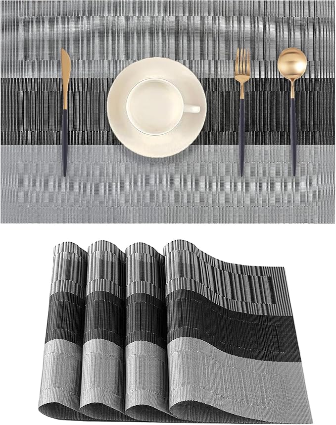 Black Gray Placemats Set of 4 - Heat Resistant Non-Slip Place mats for Dining Table, Washable Durable PVC Vinyl Woven Table Mats (Black Gray, 4)