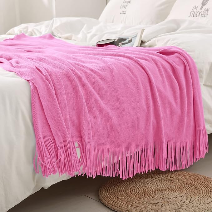 Homiest Decorative Knitted Throw with Fringe, Lightweight Acrylic Knit Blanket - Soft & Cozy Tassel Blanket for Couch, Sofa, Bed (Hot Pink, 50 x 60 Inch)