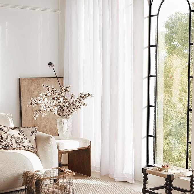 Linen White Curtains 86 inches Long for Bedroom Loop Pocket Privacy Light Filtering Semi Sheer White Boho Farmhouse Curtain Drapes Cotton Textured Modern Elegant Coastal Living Room Decor Pure White