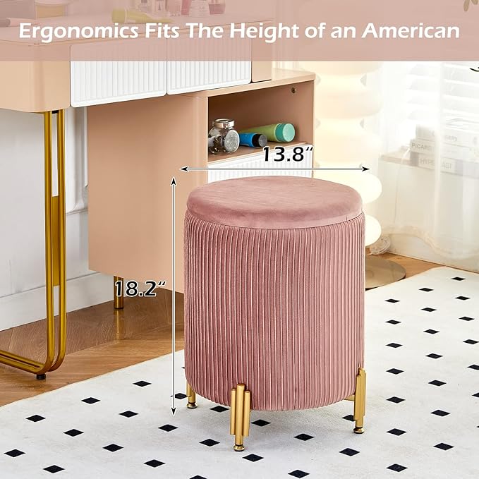 Mxfurhawa Round Ottoman Foot Stool with Storage and Metal Legs for Living Room Bedroom, Velvet Upholstered Footrest Stool Support 300lbs Modern Padded Seat Ottoman Coffee Table (Dusty Rose)