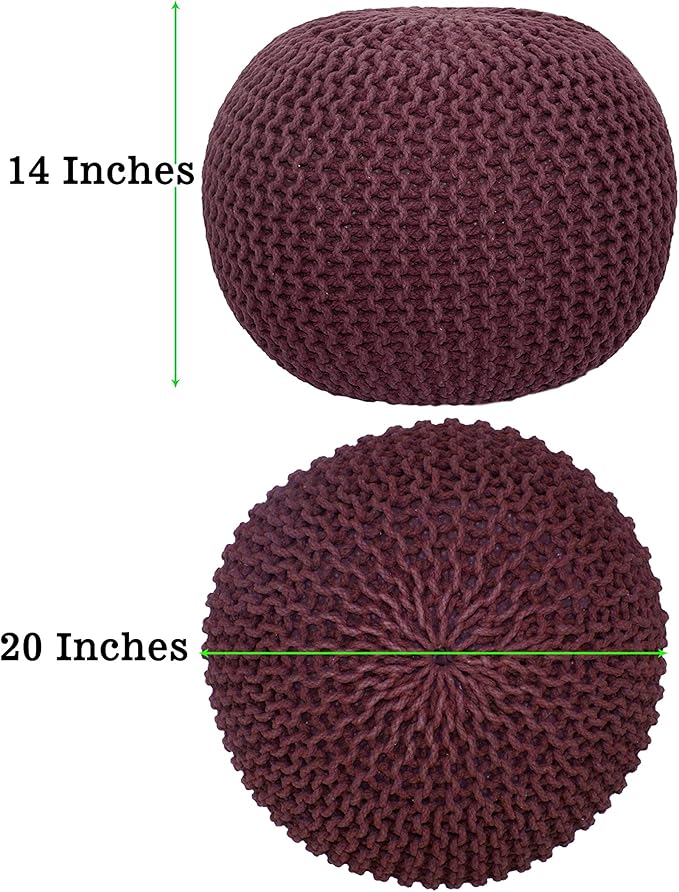 COTTON CRAFT Round Pouf - Hand Knitted Cotton Braid Cord Cable Dori Ottoman - Foot Stool - Floor Pouf Footrest Accent Seat Furniture Bean Bag - Living Room Kids Room Nursery Dorm Décor - 20x14 - Plum