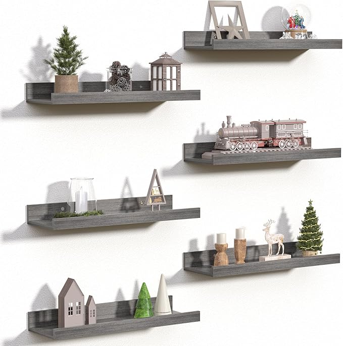 upsimples Floating Shelves for Wall, Wall Shelves for Decor Storage Set of 6, Wall Mounted Wood Shelves for Bedroom, Living Room, Bathroom, Kitchen, Picture Ledge Shelves, Grey