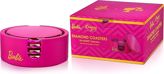 Dragon Glassware x Barbie Coasters with Holder - Pink Crystal Glass Coasters for Drinks Set of 4 - Lead-Free and Non-Slip Barware for Coffee Table