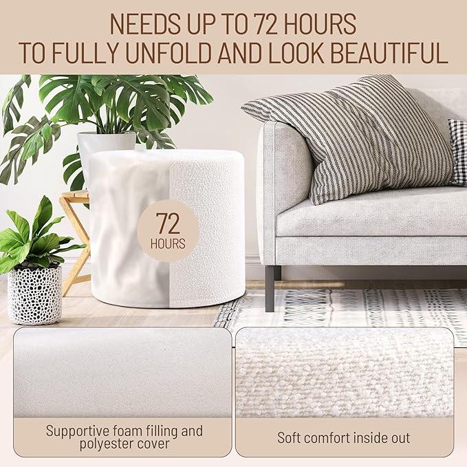 Round Pouf Ottoman and Foot Rest, Soft Boucle Footstool Ottomans for Living Room, Comfort Foam Stuffed Poofs for Couch Desk Resting Your Feet, White