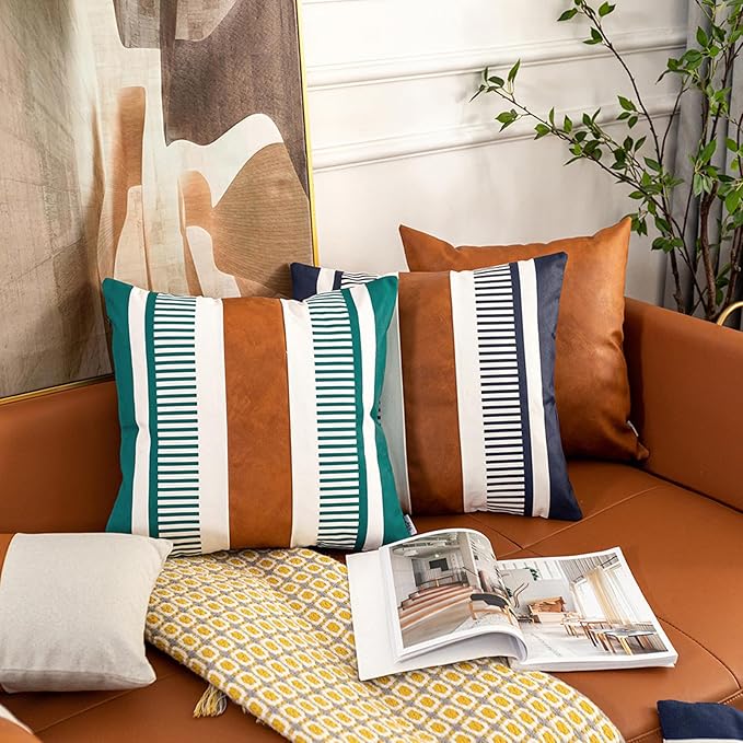 Boho Stripe Throw Pillow Cover 20x20 Decorative Couch Pillow Case,Faux Leather Modern Accent Cushion Cover for Sofa Bed Chair- Rustic Farmhouse Decor, Navy Blue