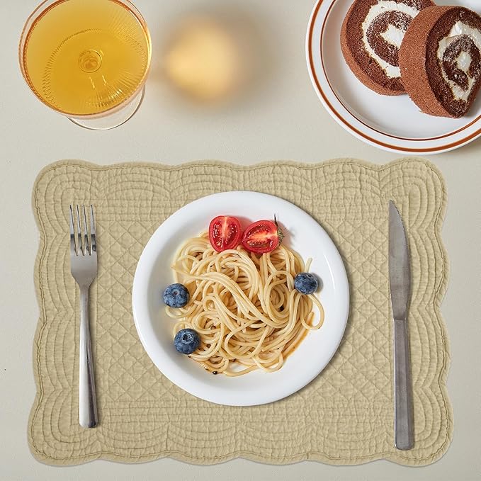 HOMBYS Quilted Placemats Set of 6 Washable-13x18 inches Rectangular Placemats for Kitchen Table-100% Cotton Fabric Rectangular Table Mats, (Khaki)