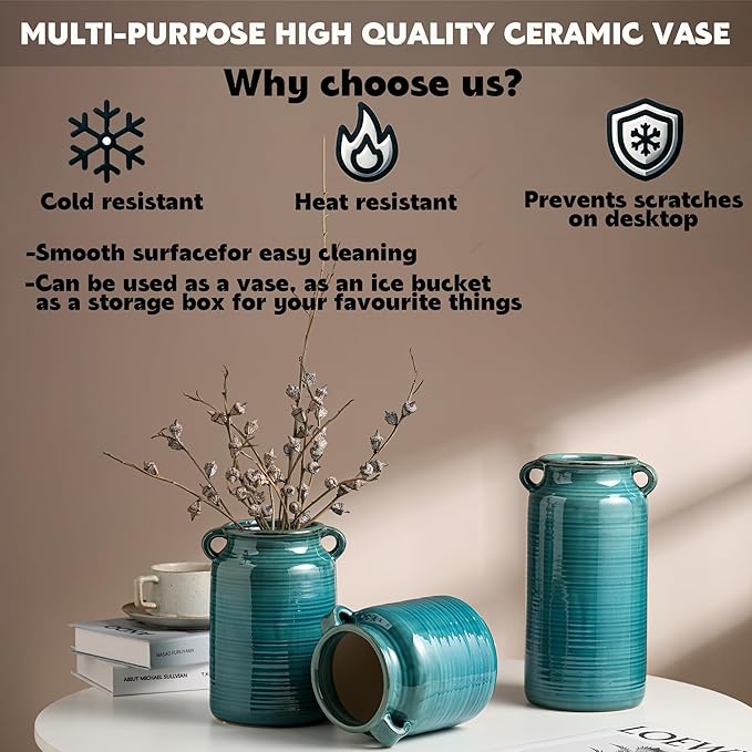 Ceramic Rustic Distressed Green Flower Vase for Centerpieces, Kitchen, Office or Living Room (5.9''x8.6'')