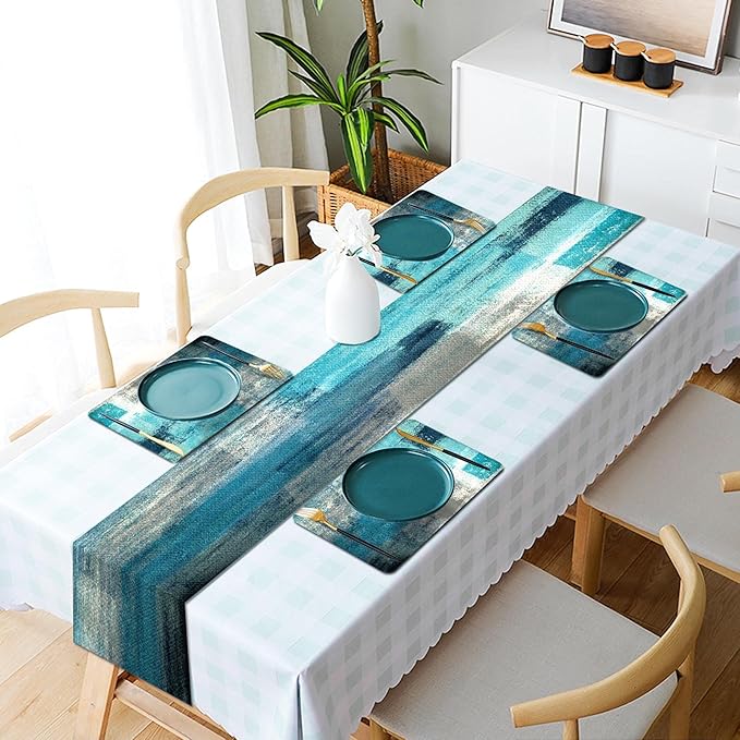 Mcalk Farmhouse Turquoise Table Runner and Placemats Set of 6 Pieces,Teal Turquoise Placemats Modern Art,Blue Grey Abstract Art Cloth Place Mats for Kitchen,Linen Material for Dining Table
