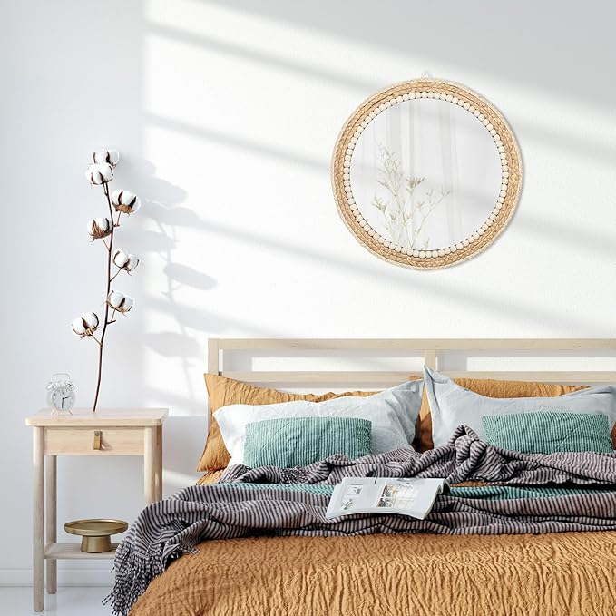 SWTHONY 18 Inch Boho Round Hanging Wall Mirror Decorative Rattan Circle Mirrors for Farmhouse, Living Room, Bedroom