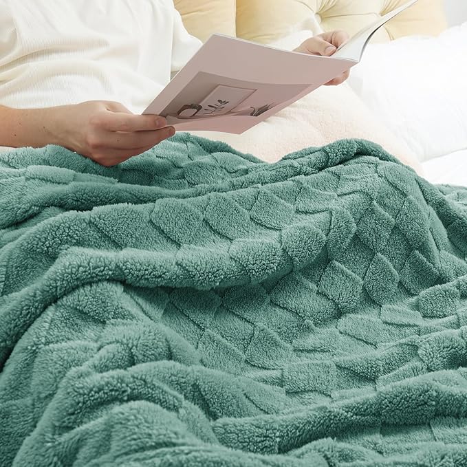 Exclusivo Mezcla Fleece Throw Blanket for Couch,Super Soft and Warm Lightweight Checkered Pattern Blankets for All Seasons,50x60 Inches, Celadon