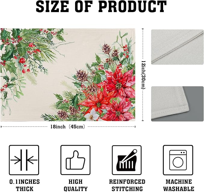Giwawa Poinsettia Placemats Set of 4, 12x18 Inch Watercolor Christmas Red Floral Linen Table Mats for Kitchen Dining, Winter Holly Berry Pine Cones Washable Heat Resistance for Party Holiday Decor