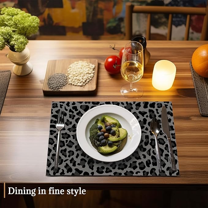 Gray and Black Leopard Placemats Set of 6 Washable Table Mats for Kitchen Dining Table,Heat-Resistant Place Mats for Indoor Outdoor Party Holiday Decoration