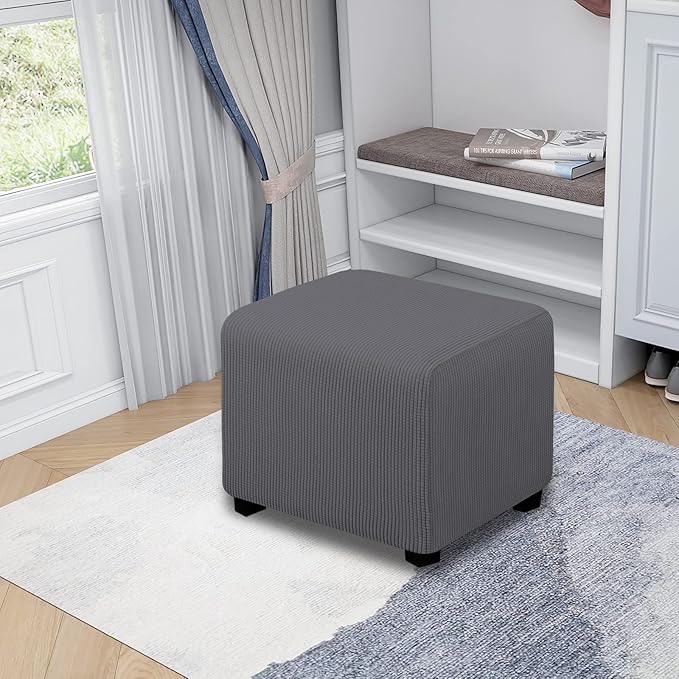 Easy-Going Stretch Square Ottoman Cover Folding Storage Stool Furniture Protector Soft Rectangle Slipcover with Elastic Bottom (15x15x15inch, Grey), X-Small