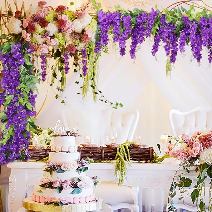 Wisteria Artificial Flowers Garland, 4Pcs Total 28.8ft Silk Faux Wisteria Vine Kit, Hanging Flower Plant for House Outdoor Garden Ceremony Outside Wedding Arch Floral Decor (4, Purple)