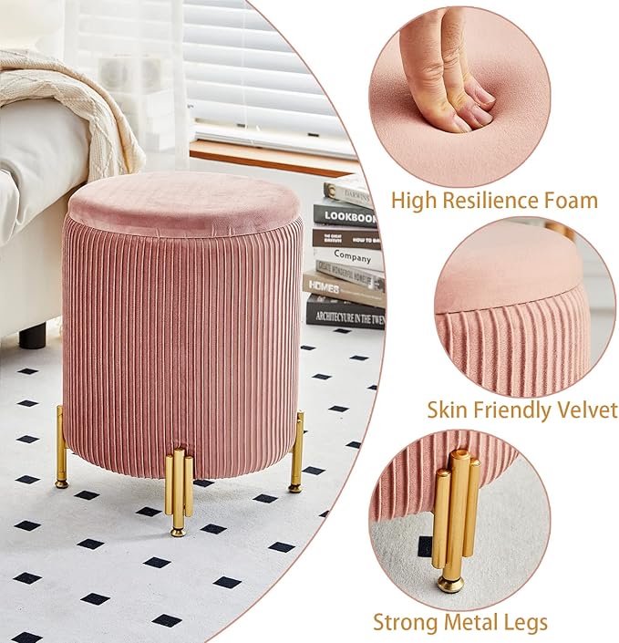 Mxfurhawa Round Ottoman Foot Stool with Storage and Metal Legs for Living Room Bedroom, Velvet Upholstered Footrest Stool Support 300lbs Modern Padded Seat Ottoman Coffee Table (Dusty Rose)