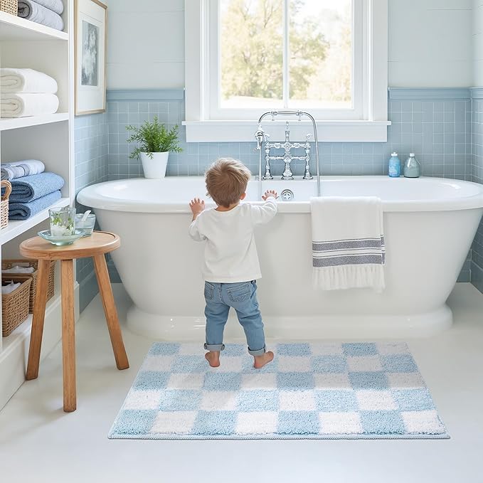 GRANNY SAYS Checkered Blue Bathroom Rugs, 32" x 20", Non-Slip Bath Mats for Bathroom, Plush Shag Absorbent Microfiber Ultra Soft Bath Mat, Cute Washable Rug for Tub, Shower, Bedroom