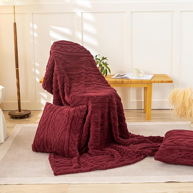YUSOKI Sherpa Throw Blanket(Without Pillows)-3D Stylish Design Super Soft Cozy Warm Blanket Plush Fluffy Blankets for Teen Girls Women Couch Bed Sofa Chair Men Boys Gift(Burgundy Red,50"x65")