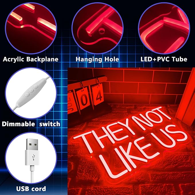 They Not Like US Neon Sign, Dimmable LED Music Neon Signs for Wall Decor, Christmas Ornamentm Black Culture Neon Light Kids Wall Art Room Bedroom Birthday Party Man Cave Christmas Gifts(15.7 * 8.6in)