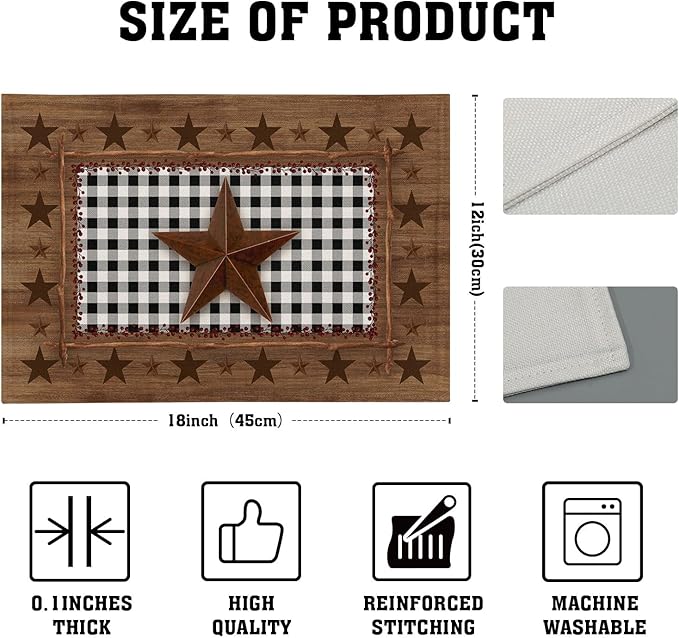 Western Texas Star Placemats for Dining Table Set of 4,Buffalo Plaid Country Wooden Plank Table Mats 18 x12 Inch Non-Slip Dining Table Place Mats for Party Kitchen Indoor Decor