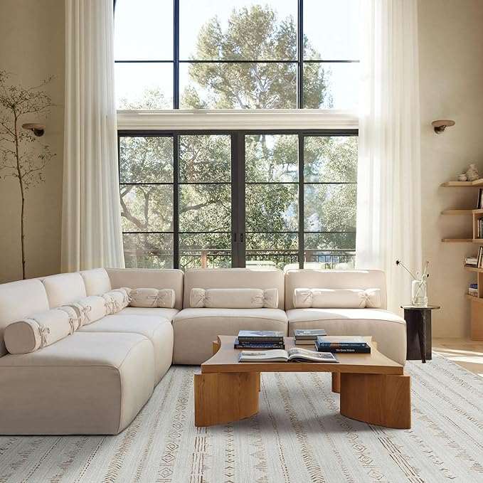 Deerly Washable Rug 8x10 Area Rug for Living Room, Boho Farmhouse Rug with Non-Slip Backing, Large Neutral Morden Indoor Carpet for Bedroom Dining Room Under Dining Table, Light Brown