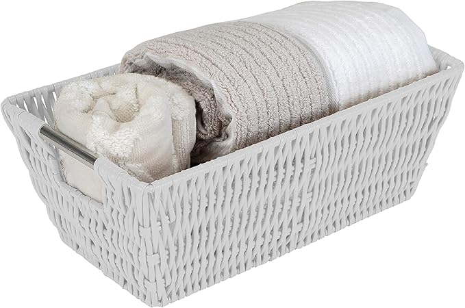 Simplify 11"x6.5"x4.5" Small Shelf Storage Woven Basket with Handles, Nursery, Playroom, Toys, Bedroom, Closet, Clothes, Office, Decorative Rattan Totes, White