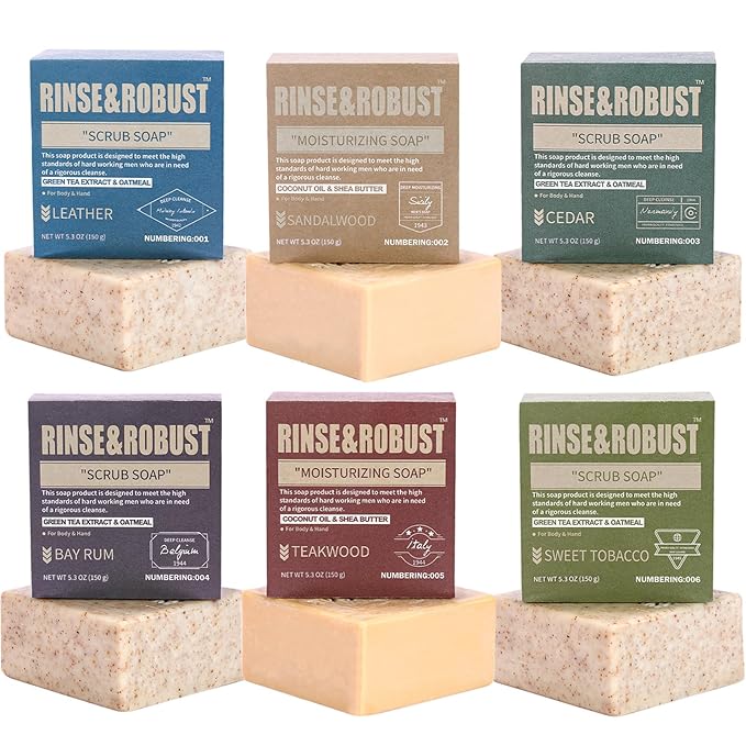 Rinse & Robust Mens Bar Soap 6Pcs Cleansing All Natural Handmade Mens Moisturizing&Exfoliating Oatmeal Scrub Soap Gift for Men Body&Hand All Skin Type|6 Different Scents |5.3 oz of 6 Bars