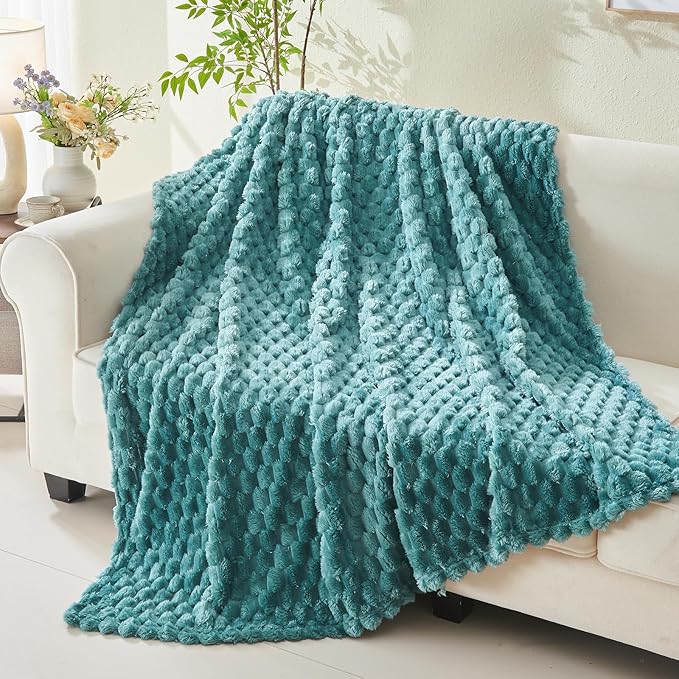 NEWCOSPLAY Super Soft Twin Blanket Light Teal Premium Silky Flannel Fleece 3D Clouds Stylish Jacquard Lightweight Bed Blanket All Season Use 350GSM (Light Teal, Twin(60"x80"))