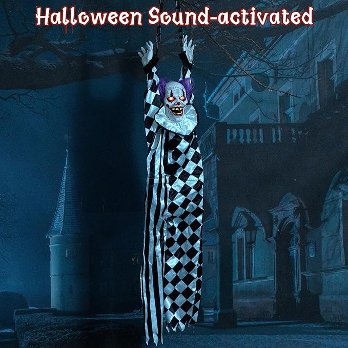 HollyHOME Halloween Animated Hanging Clown with Glowing Eyes Creepy Sound and Shaking Body Halloween Decorations Outdoor Scary Haunted House Outdoor Prop Decor 60'' Black