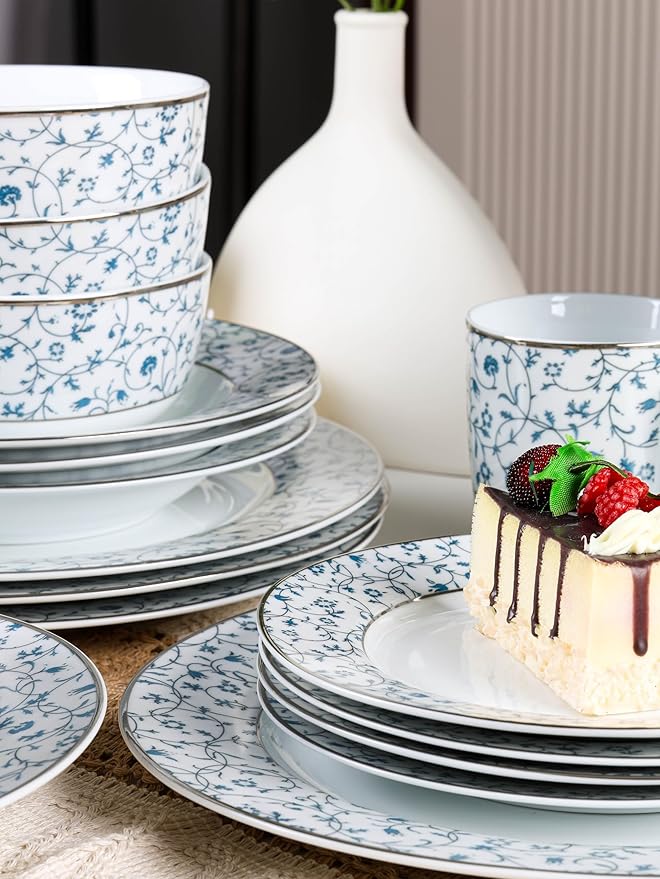 20-Piece Dinnerware Set for 4 - Blue and White Floral Design, Hand-Gilded Gold Rim