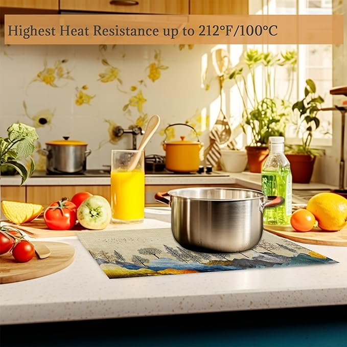 Trees with Mountains Placemats Set of 6 Washable Table Mats for Kitchen Dining Table,Heat-Resistant Place Mats for Indoor Outdoor Party Holiday Decoration(Landscape)